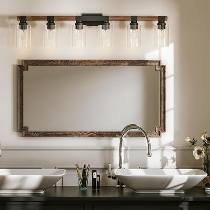 6 Light Bathroom Vanity Light 41in with Glass Shade, Farmhouse Vanity Light for Bathroom Light fixtures Over Mirror, Round Rustic Brown