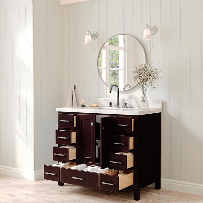 ARIEL Cambridge 42-inch Bathroom Vanity with Sink,Solid Wood, 1.5-inch Italian Carrara Marble Countertop, Single Rectangular Porcelain Sink, 2 Soft Closing Doors, 9 Dovetail Drawers, Espresso