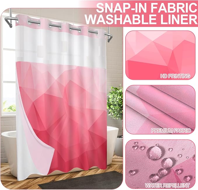 No Hook Shower Curtain with Snap in Liner Set, Pink, 71x74 | Waterproof Fabric for Bathroom, Modern Hotel Style Ombre Design, Mesh Top Window, Machine Washable, Quick Install