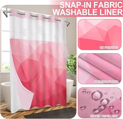 No Hook Shower Curtain with Snap in Liner Set, Pink, 71x74 | Waterproof Fabric for Bathroom, Modern Hotel Style Ombre Design, Mesh Top Window, Machine Washable, Quick Install