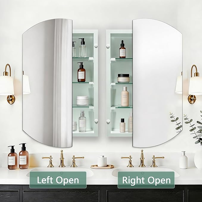 16x26 Inch Medicine Cabinet with Mirror, Arched Metal Frameless Wall Cabinet with Mirror, Surface Mount or Recessed Medicine Cabinet for Bathroom,Bathroom Mirror with Storage