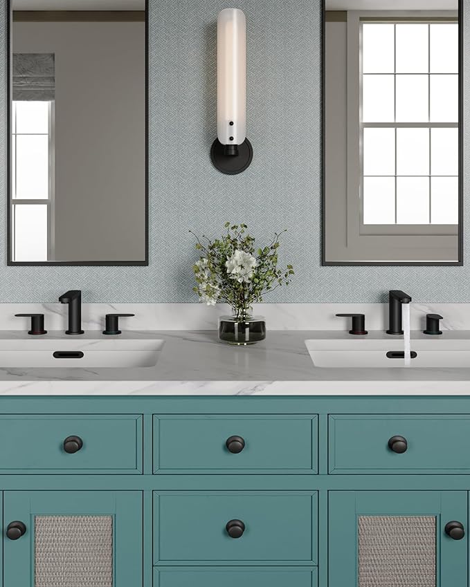 BWE Matte Black Bathroom Faucet 3 Hole - 8 Inch Widespread Bathroom Sink Faucet, Pop-up Drain and Supply Lines, 360° Swivel Spout 2-Handle Black Vanity Faucets for Bath