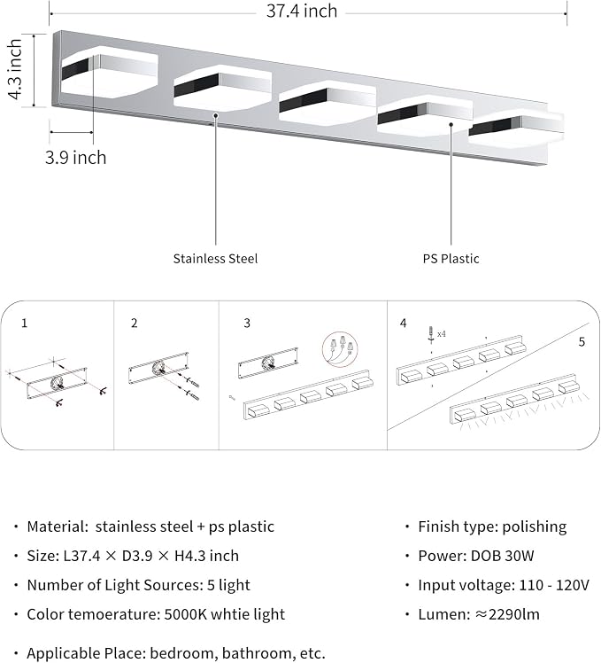Bathroom Lighting Fixtures Over Mirror, 5 Light Silver Vanity Light | Cool White, 5000K, Modern Vanity Wall Lights for Bath, Dressing Room, Restroom, 37.4 inch