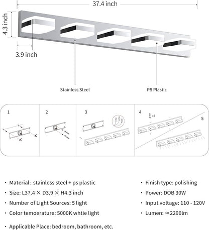 Bathroom Lighting Fixtures Over Mirror, 5 Light Silver Vanity Light | Cool White, 5000K, Modern Vanity Wall Lights for Bath, Dressing Room, Restroom, 37.4 inch