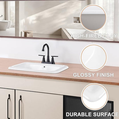 Bathroom Vessel Sink 21 Inch Drop In Bathroom Sink Rectangular Semi Recessed Sinks with Overflow White Ceramic Small Vanity Sinks for Bathrooms