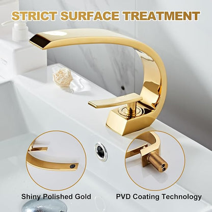 Shiny Polished Gold Bathroom Sink Faucet, Unique Design and Pop Up Drain