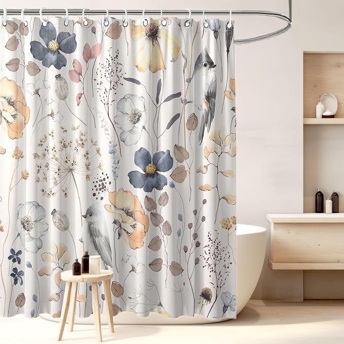 Flower Floral Shower Curtain, Watercolor Wildflower with Botanical and Birds Fabric Shower Curtains Set, Boho Plants Shower Curtains with Hooks, Minimalist Bthroom Decor 72x72inch