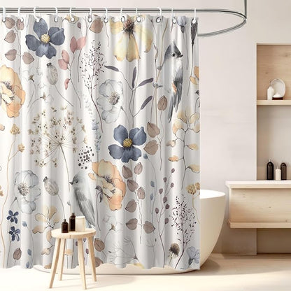 Flower Floral Shower Curtain, Watercolor Wildflower with Botanical and Birds Fabric Shower Curtains Set, Boho Plants Shower Curtains with Hooks, Minimalist Bthroom Decor 72x72inch