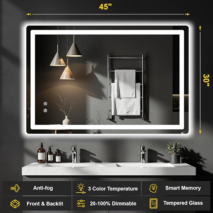 LED Bathroom Mirror with Lights, 30"x45" Lighted Vanity Mirror for Wall | Anti-Fog, Dimmable 3 Color Light, Backlit+Frontlit, Shatterproof Tempered Glass, Memory Function