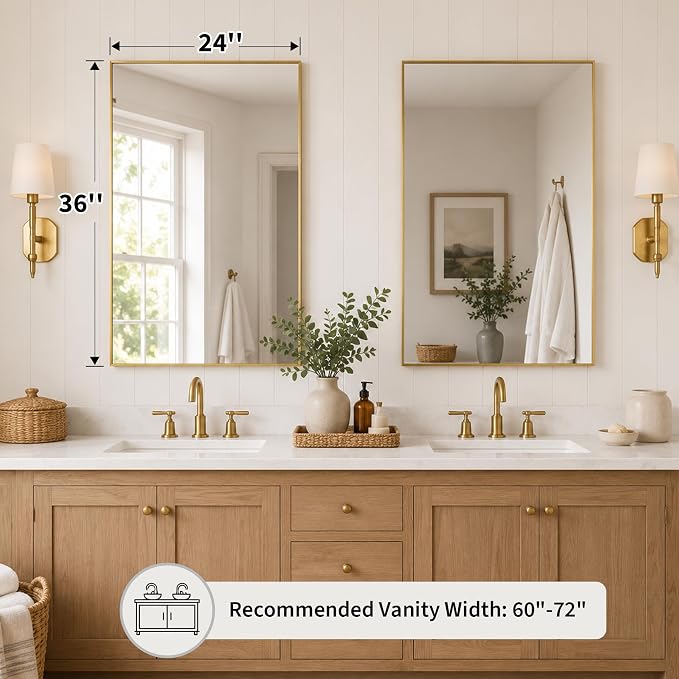 2-Pack 24"x36" Brushed Gold Framed Bathroom Vanity Wall Mirrors | Taller Vanity Pair, Balanced Twin-Sink Look, Matching Finish Across Rooms, Vertical/Horizontal Hanging, Tempered Glass