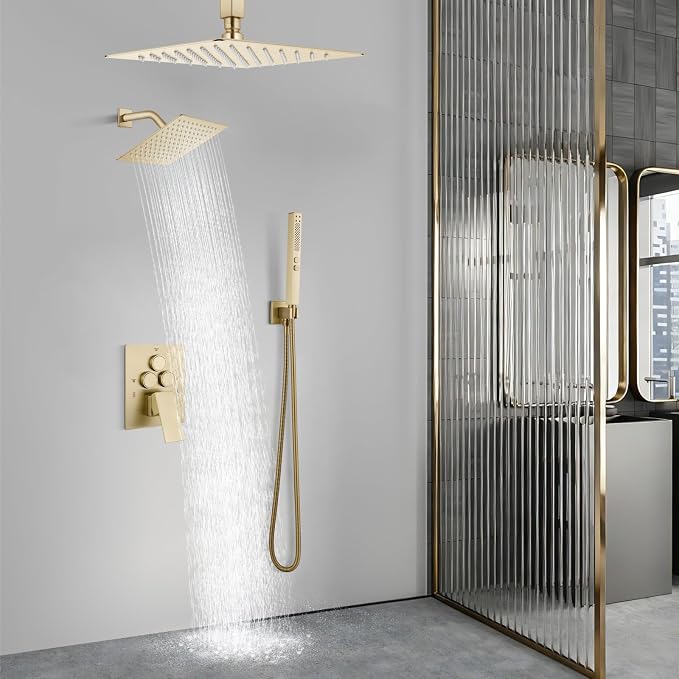 Aolemi Ceiling Shower Faucet Set System Dual Head 16&6 Inch Brushed Gold | 2 in 1 Handheld Spray,Shower Valve and Trim Kit,Push Button Diverter, 16"Top+6" Wall Rain Head,Bathroom Mixer for Couple