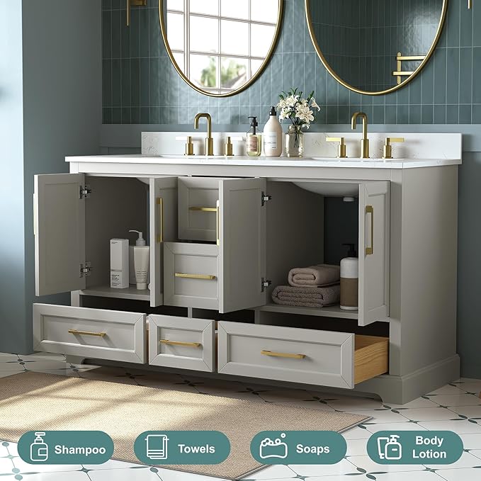60 Inch Bathroom Vanity with Double Sink Combo, Solid Wood Frame with Mable Top &Backspalsh, Fully-Assembled with Soft-Closing Doors & 5 Drawers, Greige