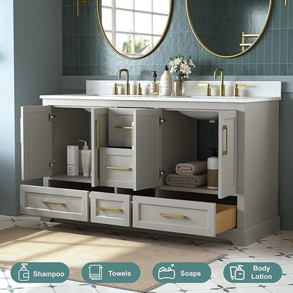 60 Inch Bathroom Vanity with Double Sink Combo, Solid Wood Frame with Mable Top &Backspalsh, Fully-Assembled with Soft-Closing Doors & 5 Drawers, Greige