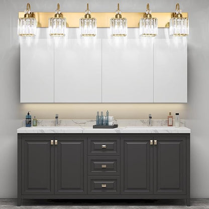 Ralbay Modern Gold Vanity Lights - 6-Light Gold Crystal Bathroom Vanity Lights Over Long Mirror