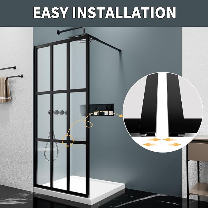 34x72 Matte Black Walk-In Shower Screen, 1/4" Tempered Glass with Frame | Metal Finish Grid Pattern, Aluminum Alloy Frame, Stainless Steel System, Reversible Installation, Easy to Assemble, No Base