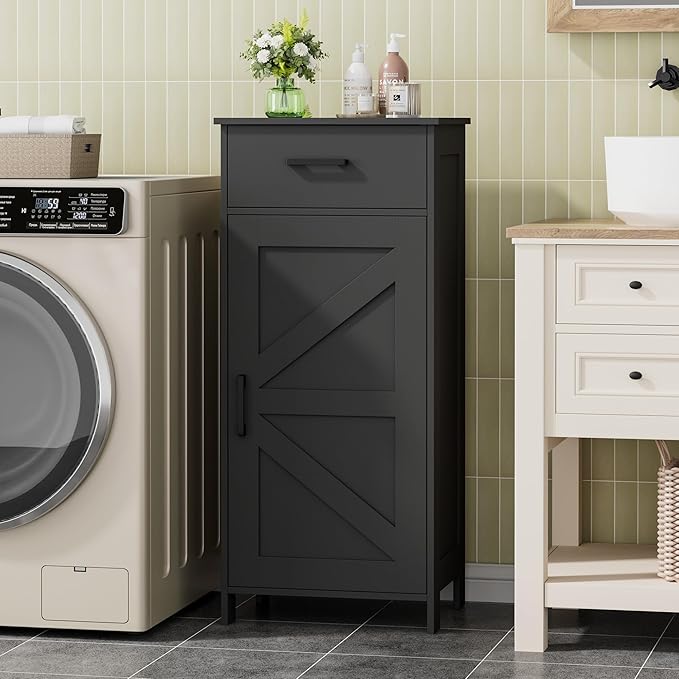 Homhedy Bathroom Storage Cabinet with Drawer & Adjustable Shelf | Freestanding Storage Cabinet for Bathroom, Entryway, Living Room & Kitchen, Black, 15.7"W