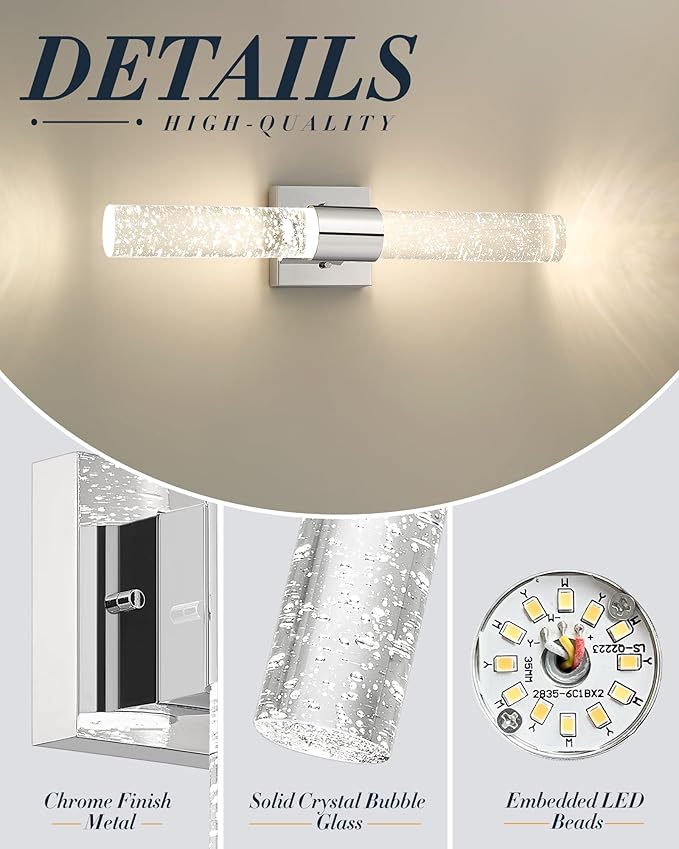 Chrome Vanity Lights, HWH LED Bathroom Lights Over Mirror 11W with Bubble Glass, Modern Wall Sconce Crystal Wall Light Fixtures, 3000K/4000K/5000K Dimmable, 5HW76B-LED CH