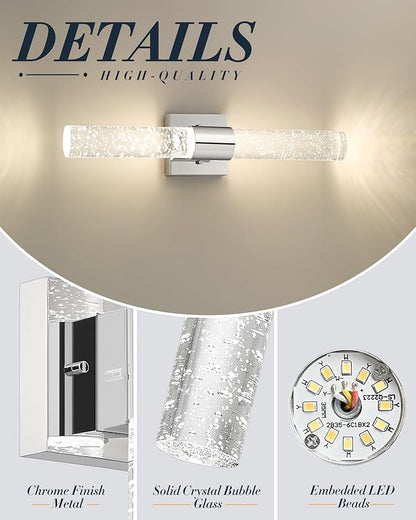 Chrome Vanity Lights, HWH LED Bathroom Lights Over Mirror 11W with Bubble Glass, Modern Wall Sconce Crystal Wall Light Fixtures, 3000K/4000K/5000K Dimmable, 5HW76B-LED CH
