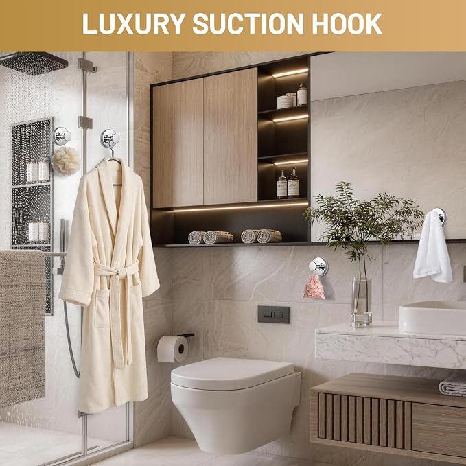 Suction Cup Hooks for Shower No-Drill Bathroom Hooks for Towels, Robes, Loofah Mountable on Bathroom Walls, Kitchen, Glass, Mirrors, Tile and Smooth,Non-Porous Surfaces (4, Chrome Polished)