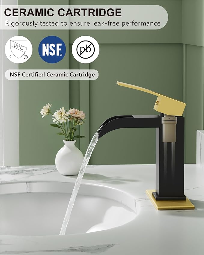 Midanya Waterfall Bathroom Faucet, Single Handle Bathroom Sink Faucet for Sink 1 or 4 Inch 3 Hole, Stainless Steel Vanity Faucets with Deck Plate and Pop up Drain,Brushed Gold and Matte Black