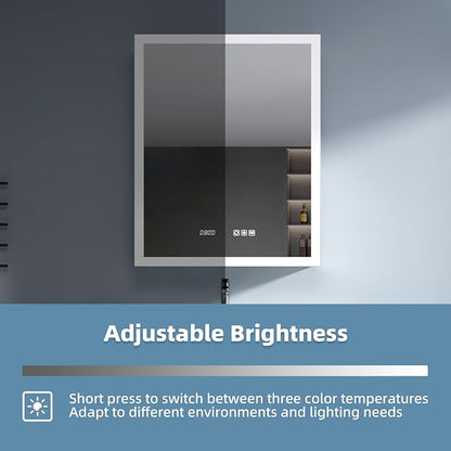 LED Medicine Cabinet 24x30 Anti-Fog Mirror Dimmable Recessed Mount | 3 Color Dimmable LED. Time Temp Display. Anti-Fog IP44. 2 Outlets+2 USB. Plug-in/Hardwired. Recessed/Wall Mount. Left Hinge
