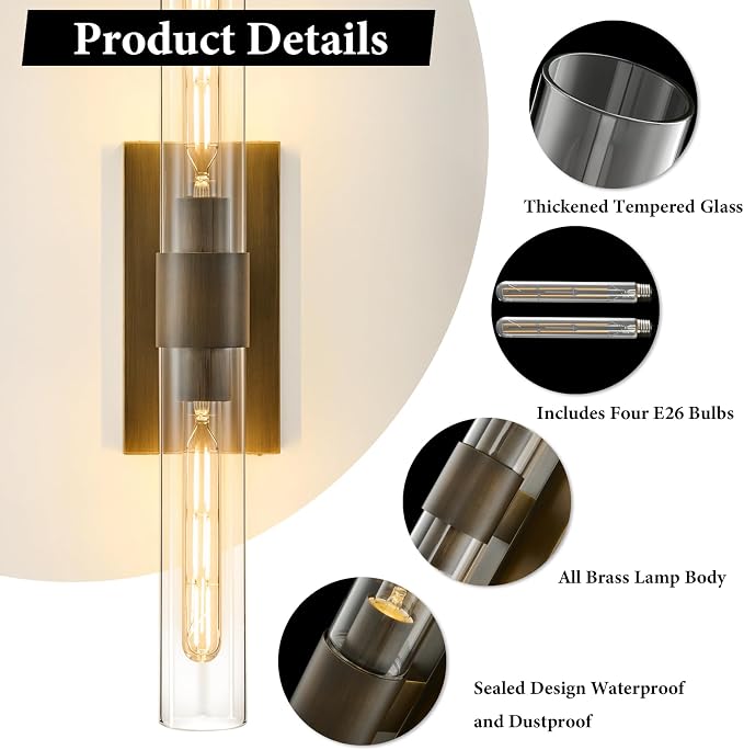 Linear Brass Bathroom Wall Sconce: Set of 2 Antique Modern Vanity Lights | Luxury Dimmable Brushed Gold Sconces, Clear Glass Tube Minimalist Light Fixture for Bedroom Living Room Hallway Indoor Decor