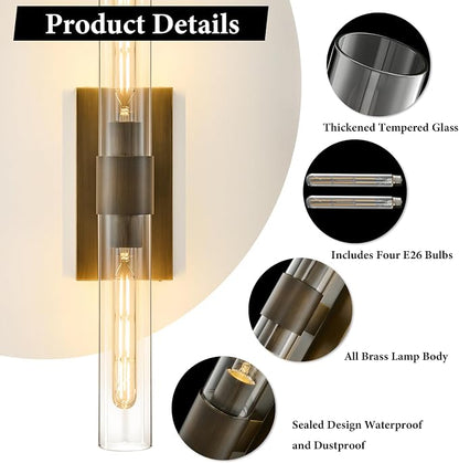 Linear Brass Bathroom Wall Sconce: Set of 2 Antique Modern Vanity Lights | Luxury Dimmable Brushed Gold Sconces, Clear Glass Tube Minimalist Light Fixture for Bedroom Living Room Hallway Indoor Decor