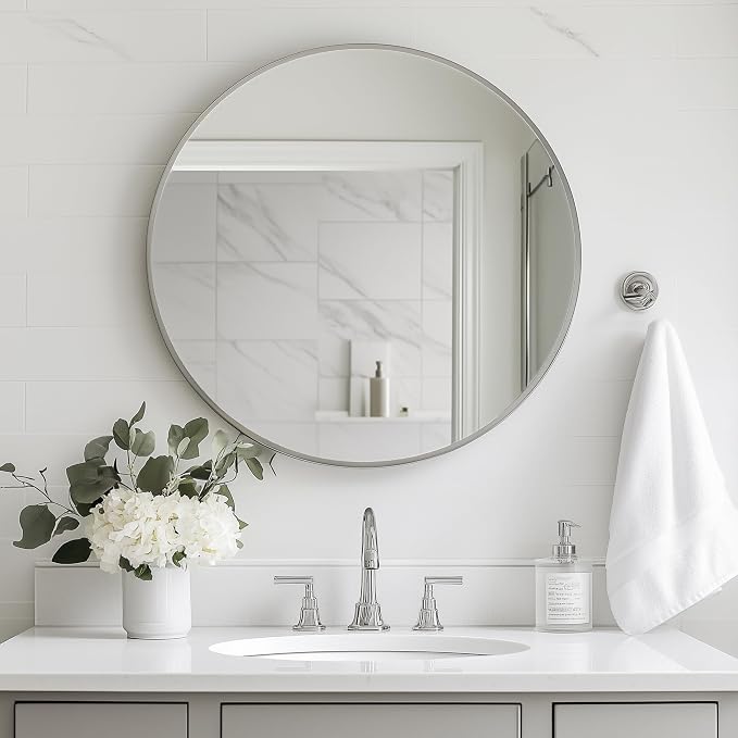 Round Mirror, 24 inch Silver Circle Mirror,Bruhsed Nickel Metal Frame | High Definition,Waterproof,Rust-resistant, Round Mounted Mirrors for Bathroom,Living Room,Bedroom,Hallyway,Vanity,Wall Décor