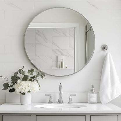 Round Mirror, 24 inch Silver Circle Mirror,Bruhsed Nickel Metal Frame | High Definition,Waterproof,Rust-resistant, Round Mounted Mirrors for Bathroom,Living Room,Bedroom,Hallyway,Vanity,Wall Décor