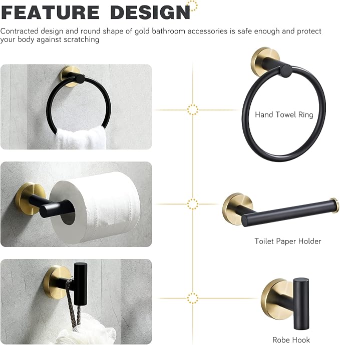 3-Piece Black and Gold Bathroom Hardware Set, Stainless Steel, Wall Mounted | Bathroom accessories set includes hand towel ring, toilet paper holder and robe hook, stainless steel wall-mounted desig