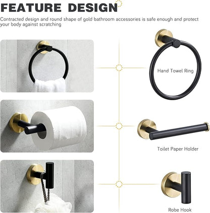 3-Piece Black and Gold Bathroom Hardware Set, Stainless Steel, Wall Mounted | Bathroom accessories set includes hand towel ring, toilet paper holder and robe hook, stainless steel wall-mounted desig