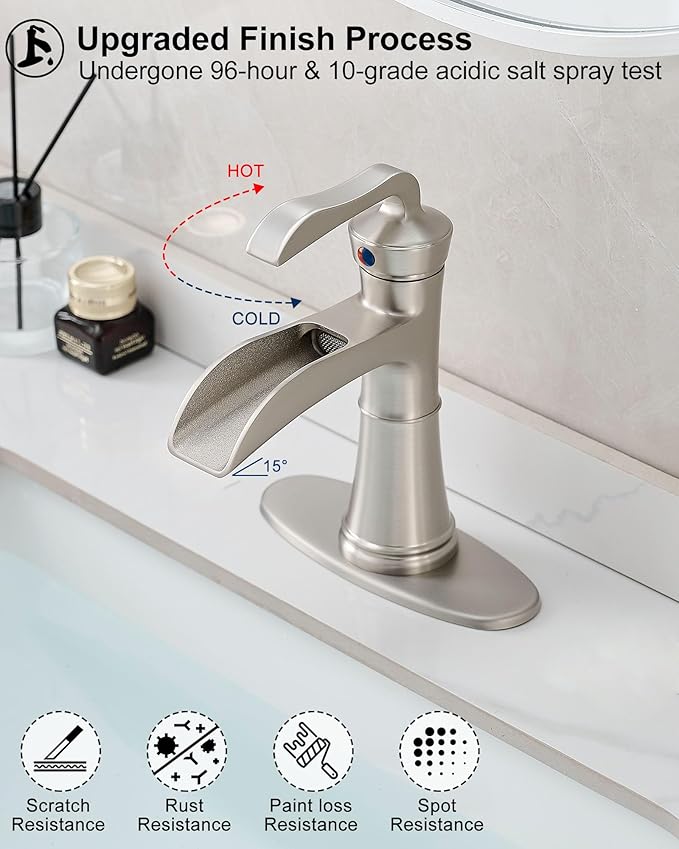 Brass Waterfall Bathroom Faucets Brushed Nickel, Single Hole Bathroom Faucet, 4 Inch 3 Hole Bathroom Sink Faucet Single Handle with Deck Plate, Pop-up Drain and Supply Hoses