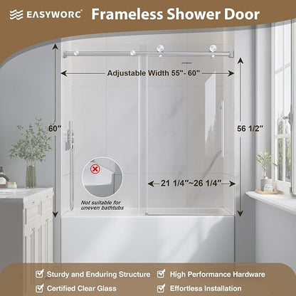 55-60" W x 60" H Frameless Bathtub Shower Door Brushed Nickel | 1/4''(6mm) SGCC Tempered Glass,Explosion Proof Film,Nano Coating,Customizable width,Reversible installation,Easy to Clean