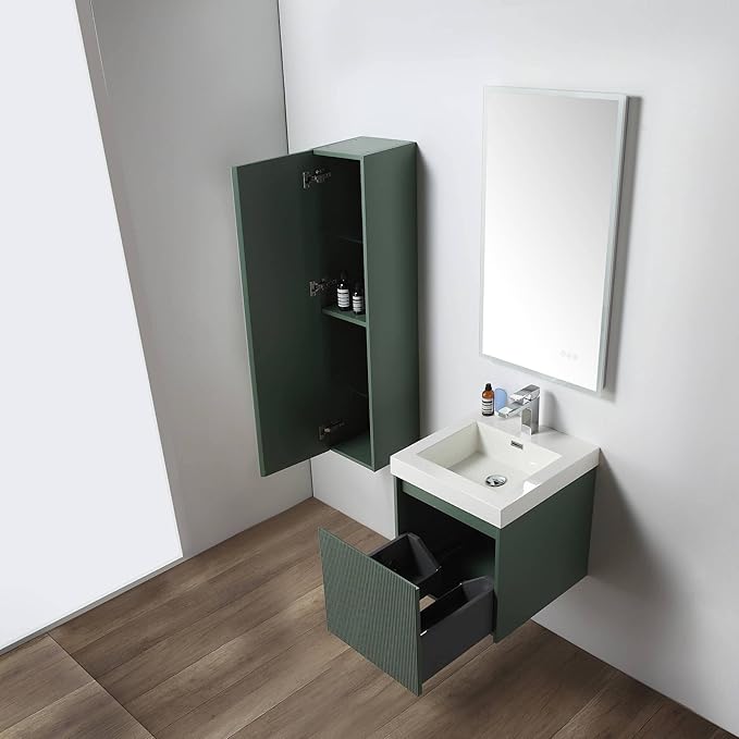 Blossom 20 Inch Bathroom Vanity with Sink and Side Cabinet, All Wood Floating Bathroom Vanity with Acrylic Sink, Bathroom Sink Cabinet with Soft-Close Drawer, Modern Style Vanities, Aventurine Green
