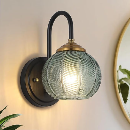 Mecgirn Bathroom Vanity Light Fixtures, 1-Light Green Glass Shade, Modern Black and Gold Wall Sconce, Unique Textured Leaf Pattern, Ceramic E26 Sockets Wall Mounted for Mirror, Cabinet, Hallway