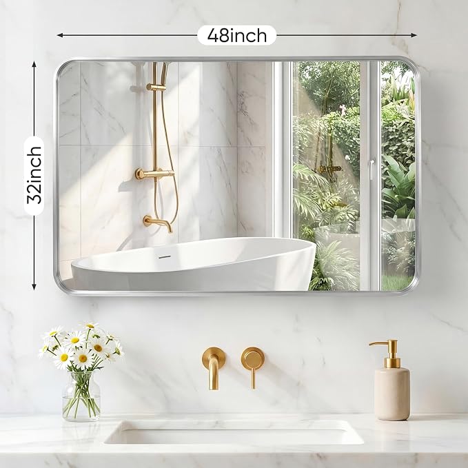 Sweetcrispy Bathroom Mirror 48x32 Inch, Vanity Mirror for Wall | Metal Framed Rounded Rectangle, Over Sink, Farmhouse, Restroom, Anti-Rust, Horizontal or Vertical Hanging, Silver