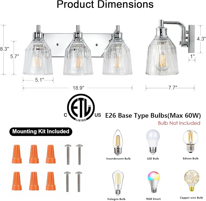 3 Light Bathroom Light Fixtures Modern Chrome Vanity Lights for Bathroom Lighting Fixtures Over Mirror with Thickened Glass Shade for Cabinet Mirror Bedroom Hallway