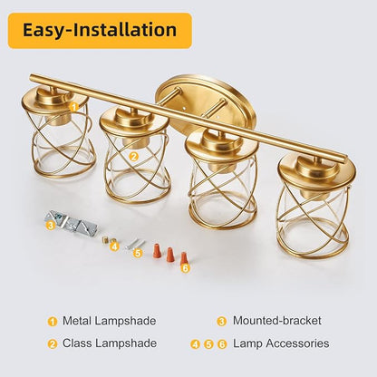 4-Lights Bathroom Vanity Lights, Bathroom Light Fixtures Over Mirror, Brushed Gold Vanity Light, Farmhouse Wall Lights with Clear Glass Shade, Bathroom Wall Lamp for Mirror Kitchen Bedroom