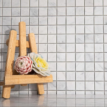 Carrara Marble Mosaic Tile for Kitchen Bathroom Floor 1 Inch Square 5 Pcs | Water & Heat Resistant Honed Marble Backsplash Tiles for Wall Fireplace Surround Durable Unique Veins 3.9SQFT