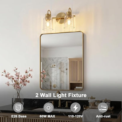 2 Lights Bathroom Light Fixtures Modern Gold Vanity Lights | ETL Certificate, Easy to Install,Wall Mount Up or Down,Thickened Glass Lampshade,E26 Socket,Hardwired