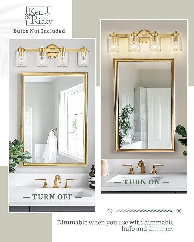 Ken & Ricky 4 Light Brushed Gold Bathroom Vanity Lights Fixtures | Over Mirror,Modern Wall Sconce,E26，Clear Glass Shades For Living Room Bedroom Entryway