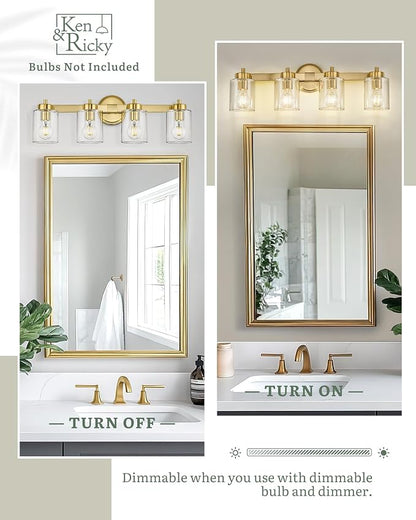 Ken & Ricky 4 Light Brushed Gold Bathroom Vanity Lights Fixtures | Over Mirror,Modern Wall Sconce,E26，Clear Glass Shades For Living Room Bedroom Entryway