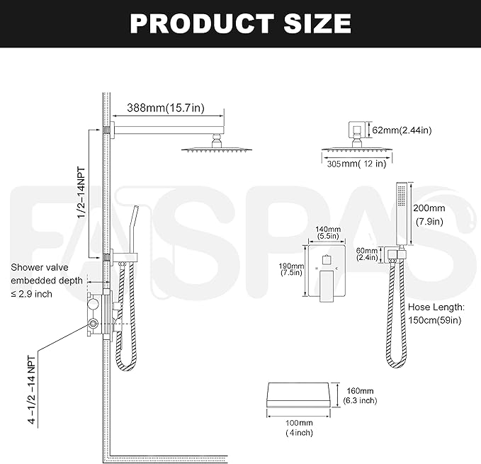 Shower System with 12-Inch Rain Head and Tub Spout | All-Metal Tub Shower Faucet Set, Wall Mounted Rain Showerhead, Handheld Spray, Includes Valve and Trim Kit, Brushed Nickel