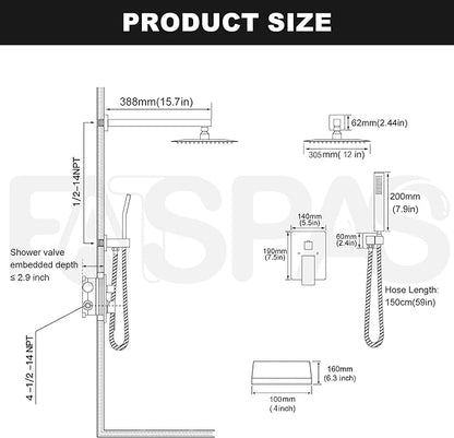 Shower System with 12-Inch Rain Head and Tub Spout | All-Metal Tub Shower Faucet Set, Wall Mounted Rain Showerhead, Handheld Spray, Includes Valve and Trim Kit, Brushed Nickel