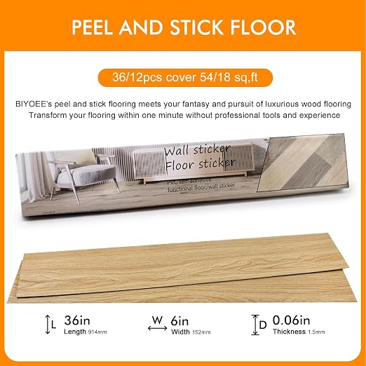 Peel and Stick Floor Tiles 36-Pack, Natural Oak Wood Plank Vinyl Flooring, Self-Adhesive Waterproof Floor Tile for Kitchen, Bathroom, Bedroom, Living Room, Easy Installation, 54 Sq Ft