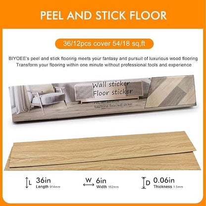 Peel and Stick Floor Tiles 36-Pack, Natural Oak Wood Plank Vinyl Flooring, Self-Adhesive Waterproof Floor Tile for Kitchen, Bathroom, Bedroom, Living Room, Easy Installation, 54 Sq Ft