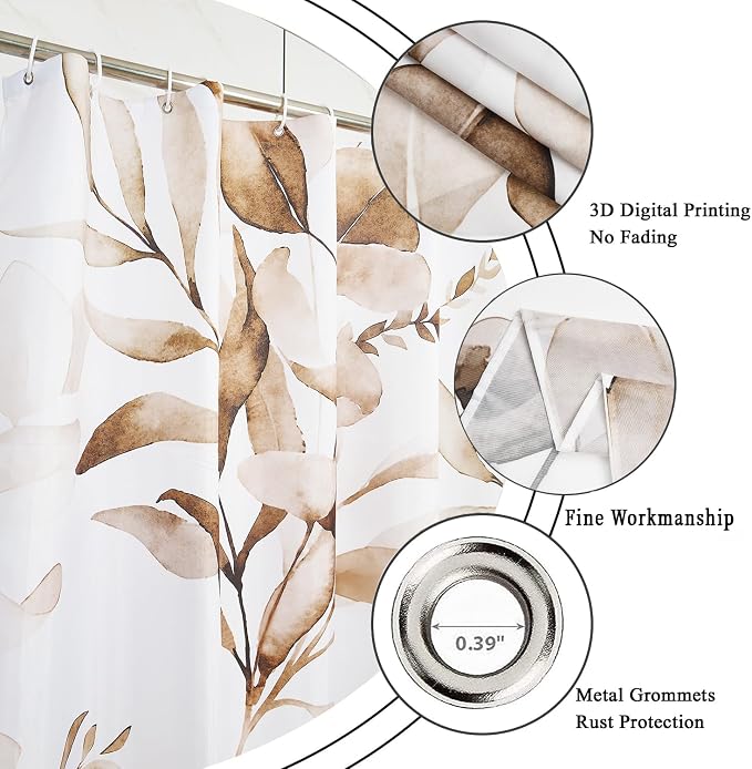 Brown Shower Curtain, Watercolor Eucalyptus Leaves Botanical Plants with Floral Bathroom Curtain Home Bathtub Decor Waterproof Fabric Machine Washable with 12 Hooks,72" Wx72 L
