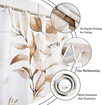 Brown Shower Curtain, Watercolor Eucalyptus Leaves Botanical Plants with Floral Bathroom Curtain Home Bathtub Decor Waterproof Fabric Machine Washable with 12 Hooks,72" Wx72 L