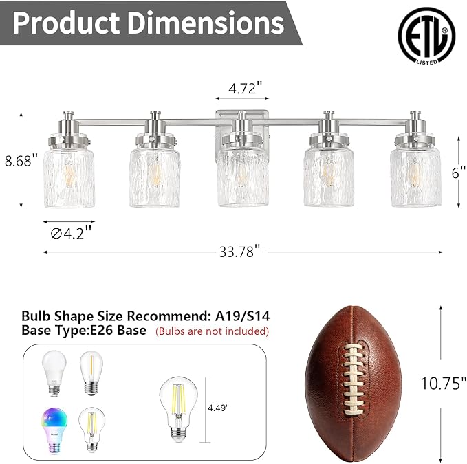 5 Light Bathroom Vanity Light Fixtures Modern Brushed Nickel | ETL Certificate, Easy to Install,Wall Mount Up or Down,Hammered Glass Lampshade,E26 Socket,Hardwired,120V