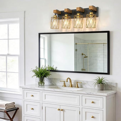 IZORRO Farmhouse Bathroom Vanity Light, 4-Light Wood Bathroom Light Fixtures Over Mirror, Black and Gold Industrial Vanity Lights with Metal Shade, Rustic Restroom Lighting Fixtures